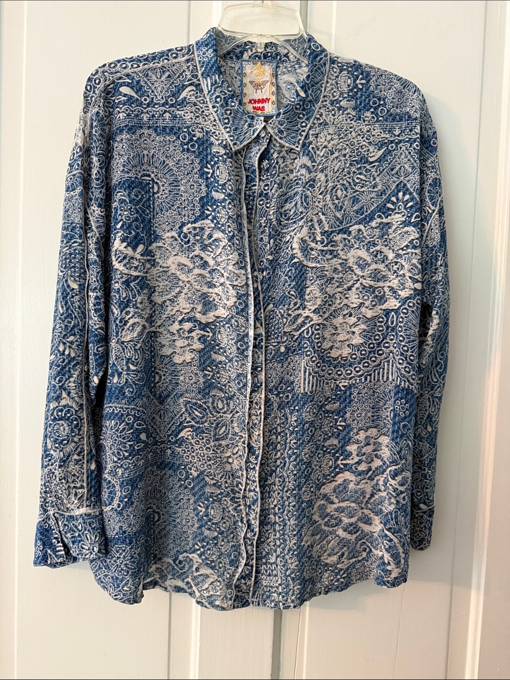 Johnny Was - blue and white embroidered-look button down shirt with collar. - Picture 2 of 10